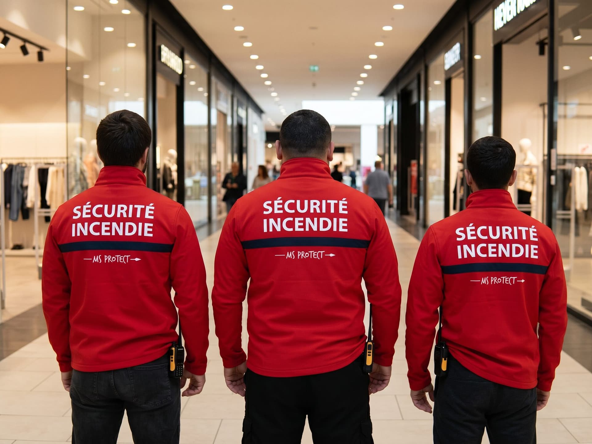 Trois agents MS Protect en sécurité incendie SSIAP dans un centre commercial, établissement recevant du public